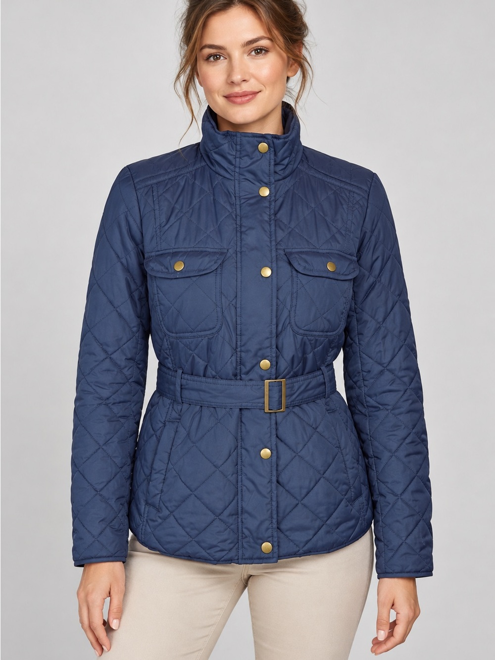 Retro GAP‎ Diamond Quilted Navy Blue Jacket Small Belted Fitted Snap Front